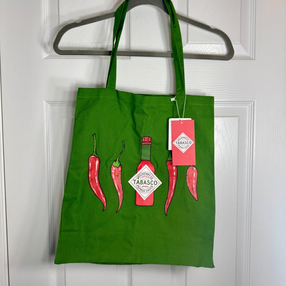 NWT. Primark Green tote bag featuring Tabasco sauce logo spicy pepper bag